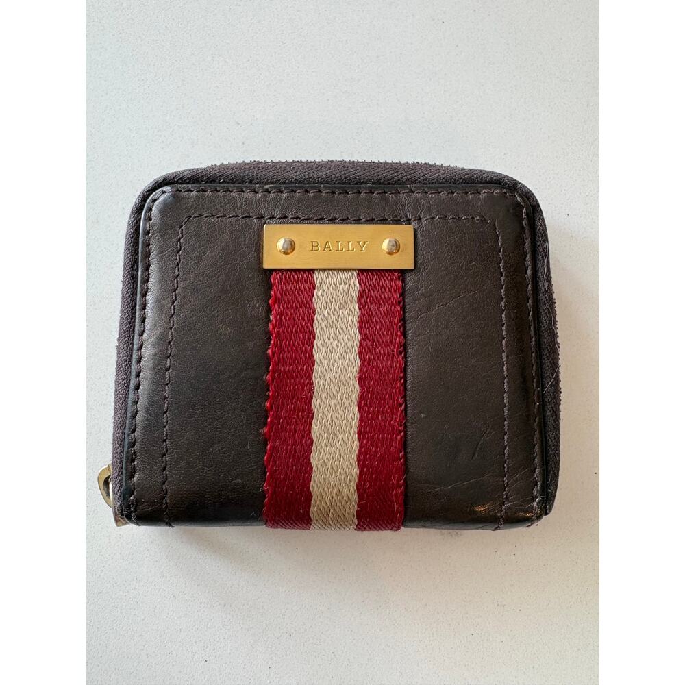 Bally Brown Leather Zip Coin Wallet with Ribbon Accent